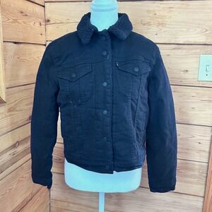 Levis Sherpa Lined Trucker Jacket Black Denim Women Size S Small Fleece Coat